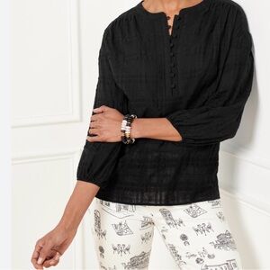 Talbots black shadow plaid cotton blend popover blouse Sz L